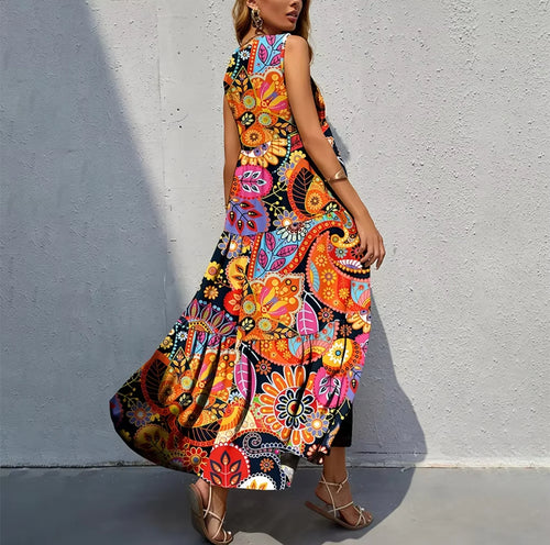 2026 Spring/Summer European & American Women's New Arrival Retro Printed Dress, V-Neck Slimming A-Line Dress for Casual