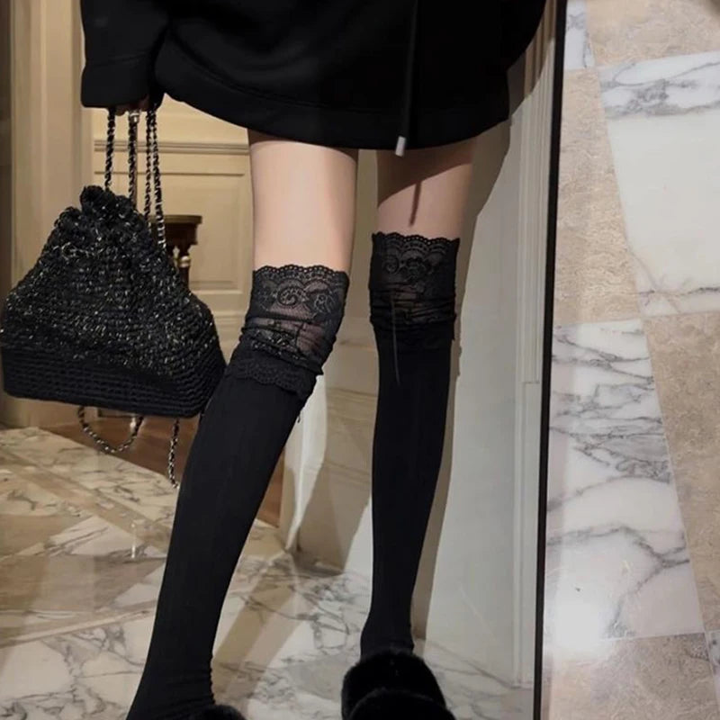 Fashionable Sexy Lace Patchwork Casual Winter Warm Solid Color Elastic Japanese Jk Socks
