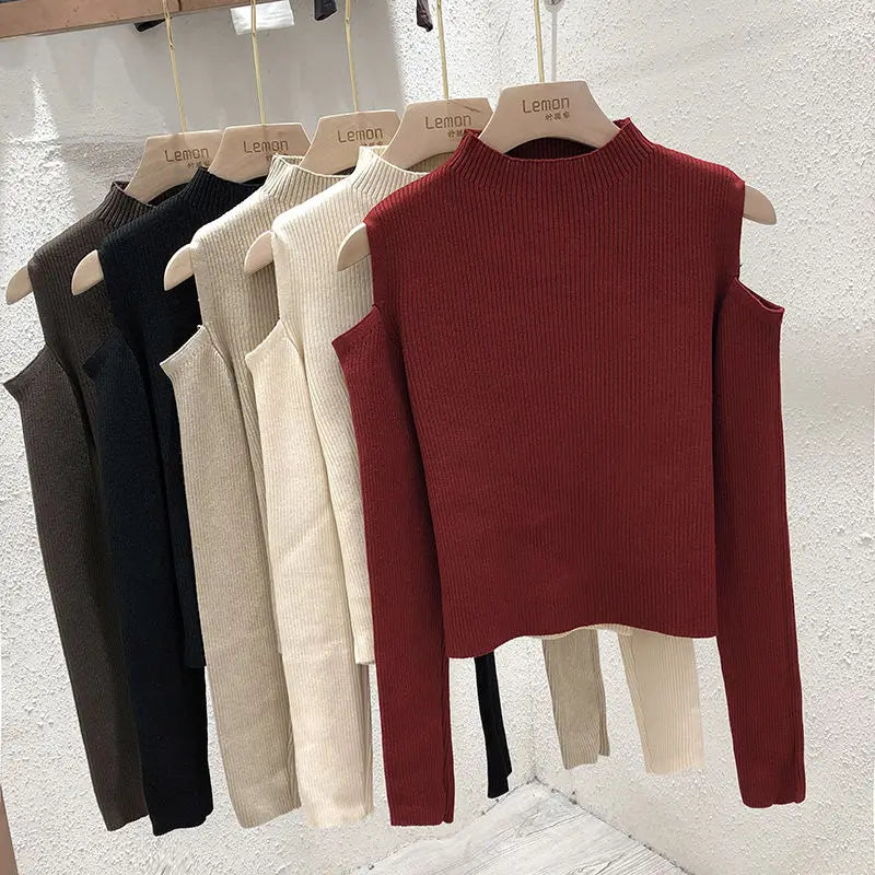 Knitted Sweater Women Pullovers New Long Sleeve Stand Collar Off-shoulder Knit Sweater Pullover Women Tops Sueters De Mujer Q781