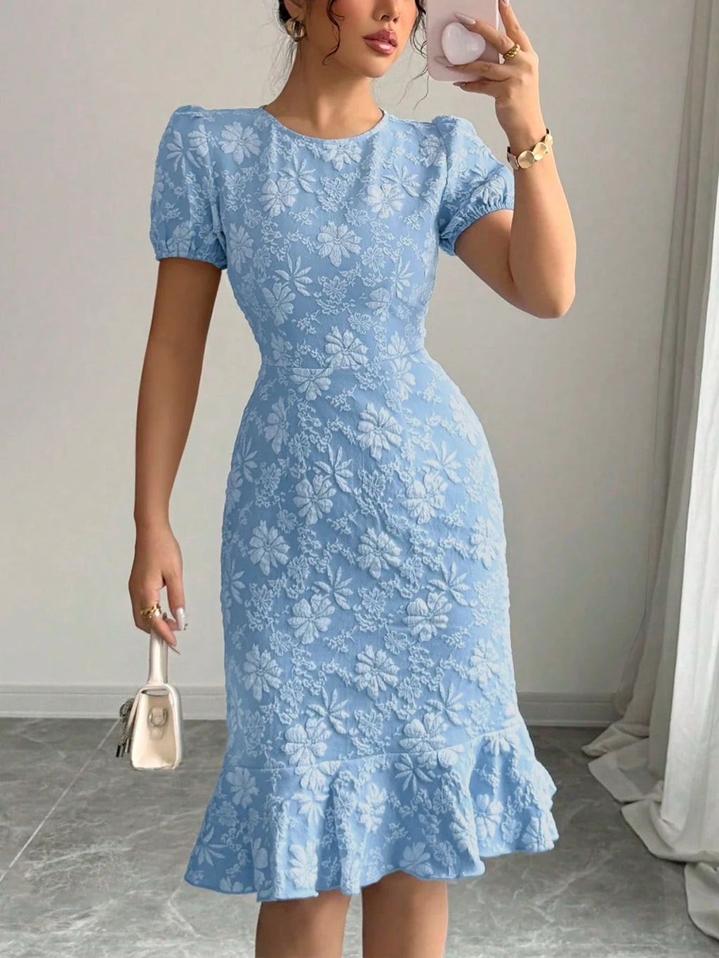 Women PuffSleeve CrewNeck LightBlue FloralJacquard RuffleHem BodyconMidi Dress Elegant Vacay Summer BeachBrunch Stretchy Dress