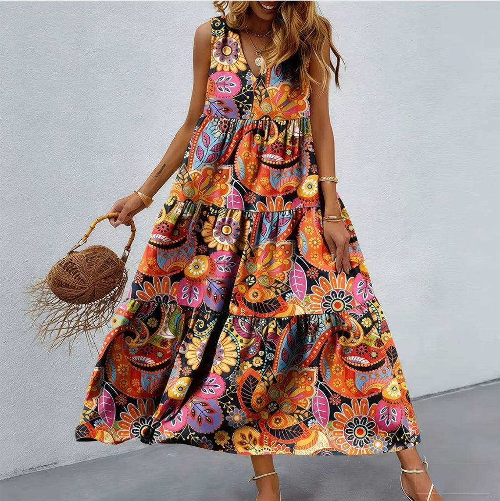 2026 Spring/Summer European & American Women's New Arrival Retro Printed Dress, V-Neck Slimming A-Line Dress for Casual