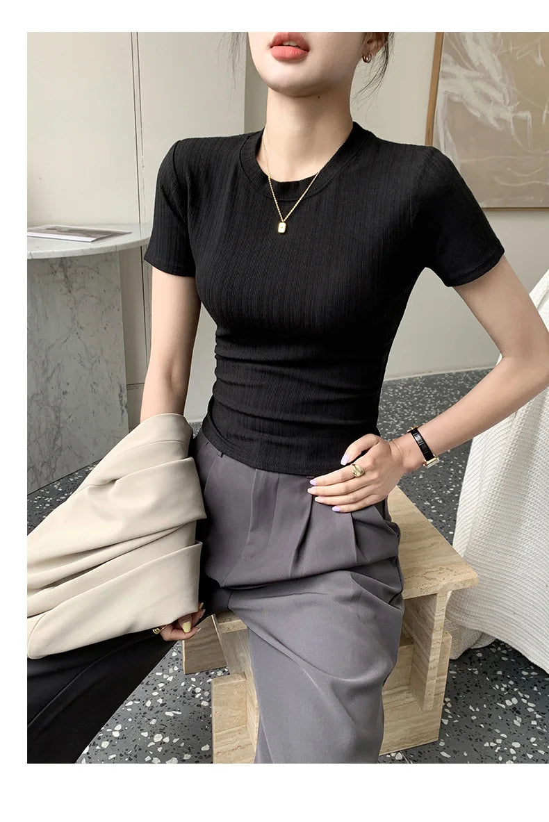 Summer New Women's Crewneck T-shirt Knitted Short-sleeved Top Casual All-match T-shirt Striped Base Shirt Slim-fit Breathable