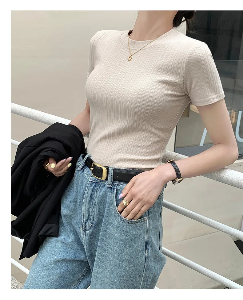 Summer New Women's Crewneck T-shirt Knitted Short-sleeved Top Casual All-match T-shirt Striped Base Shirt Slim-fit Breathable