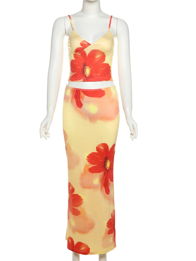 nibber Tie-Dye Print 2 Piece Set Women Summer Y2K Fashion Hipster Elegant V-Neck Camisole+Maxi Skirts Matching Streetwear outfit