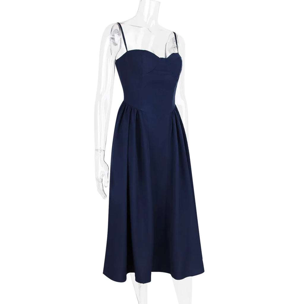 Summer Women Elegant Sleeveless Backless Pleated Dresses Lady Sexy Solid Sling Midi Dress 2024 Female Party Evening A-line Robes