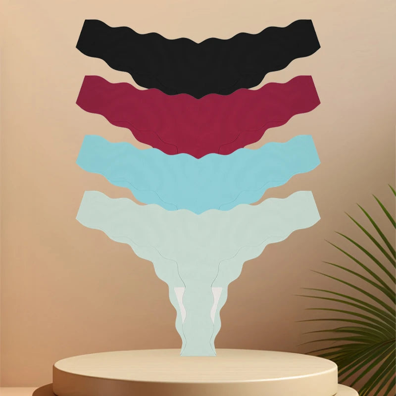 4Pcs Seamless Invisible Thongs Underwear for Women Low Waist Sexy Wave Belt T-Back Breathable Stretchy G-String Panties Lingerie