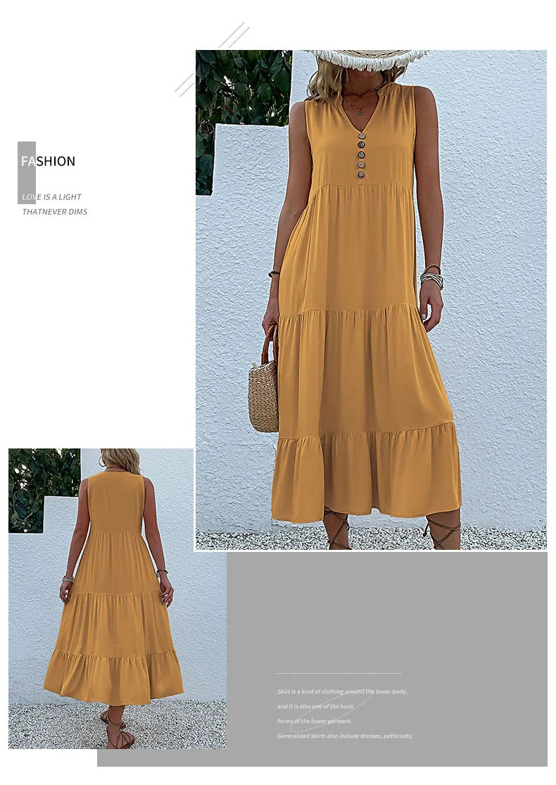 Casual Summer Midi Dress Women Sleeveless Tank V Neck Buttons Ruffle Loose Dresses Beach Soild Sundress Fashion