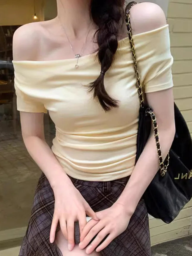 1pcs Girls Off-Shoulder T-shirt Women's Basic Fashion Tee Solid Ladys Short Sleeve Slim Tops Females Sexy Slanted Collar Tshirts