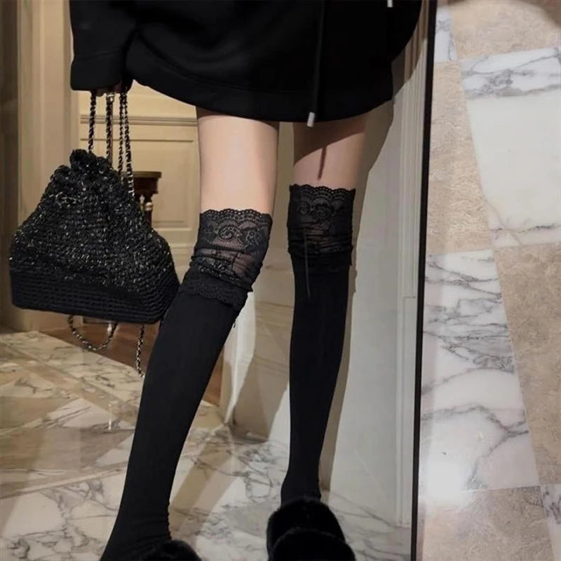 Fashionable Sexy Lace Patchwork Casual Winter Warm Solid Color Elastic Japanese Jk Socks