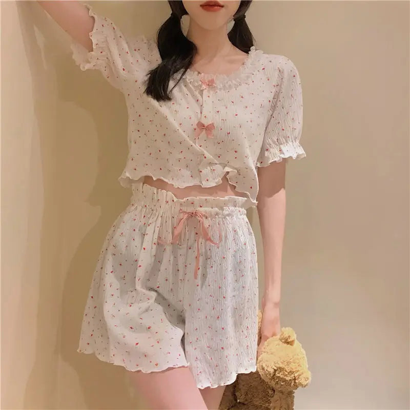 Summer Gilrs Two Pieces Short Sleeve Pajamas Thin Sweet Flower Elastic Waist Homewear Set Loose Soft Adjustable O-Neck With Bow