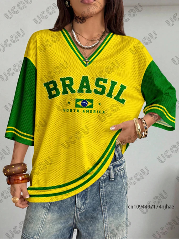 Summer New Brazil Print T Shirt For Women V-Neck Patchwork Short Sleeve Sports Football Jersey Y2K Loose Oversized Vintage Tops