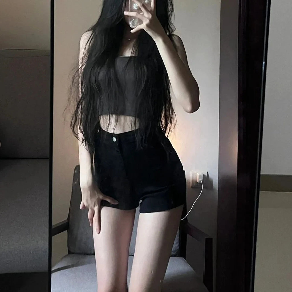Black High-Waist Skinny Jeans Shorts for Women Trendy Slimming Booty Hot Pants Retro Style Spring Summer  Ladies' Sho