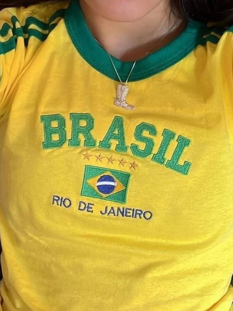 Womens Aesthetic BRASIL Letter Print T-Shirt and Shorts Suit, Vintage Grunge  Short Sleeve Baby Tees, Summer Crop Top Y2k Clothe