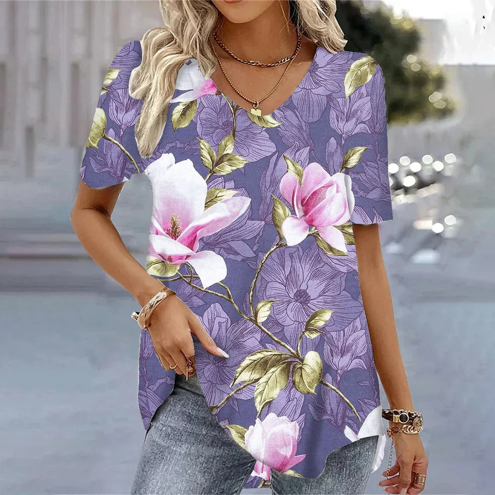 3D Butterfly Printed Short Sleeve T-shirt Korean Style Women's Clothes 2024 V-neck Short Sleeves Tees Shirt Loose Casual Blouses