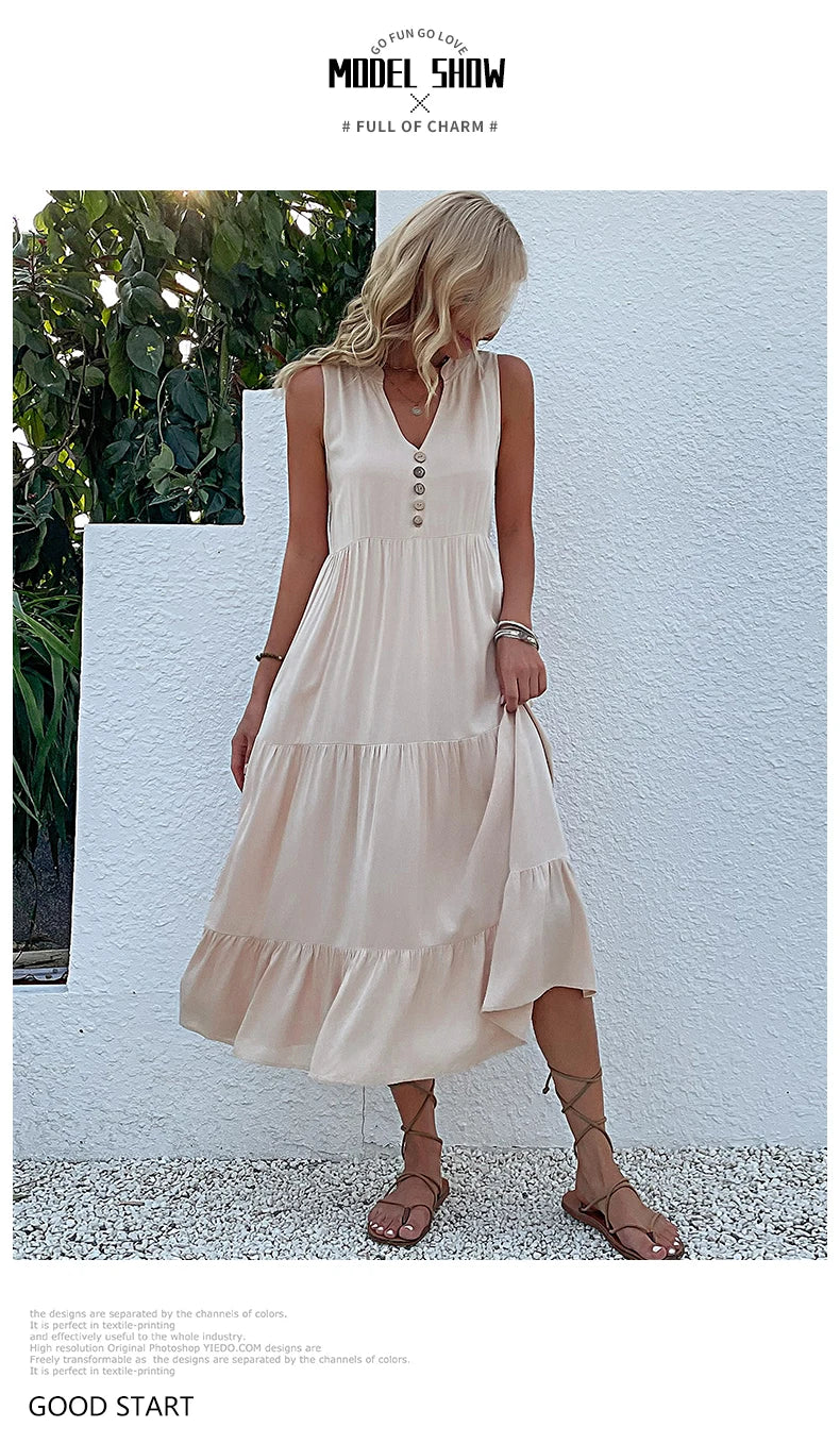 Casual Summer Midi Dress Women Sleeveless Tank V Neck Buttons Ruffle Loose Dresses Beach Soild Sundress Fashion