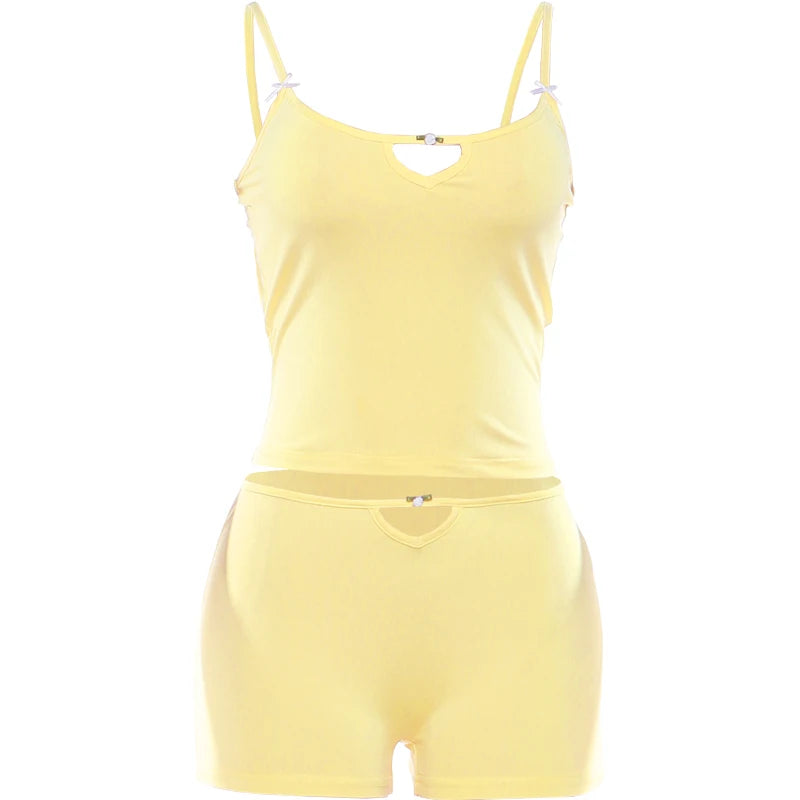 Kliou Hollow Design 2 Piece Set Woman 2026 Spring New Style Low-Neck Camisole Tops+Skinny Shorts Daily Casual Fashion Outfits