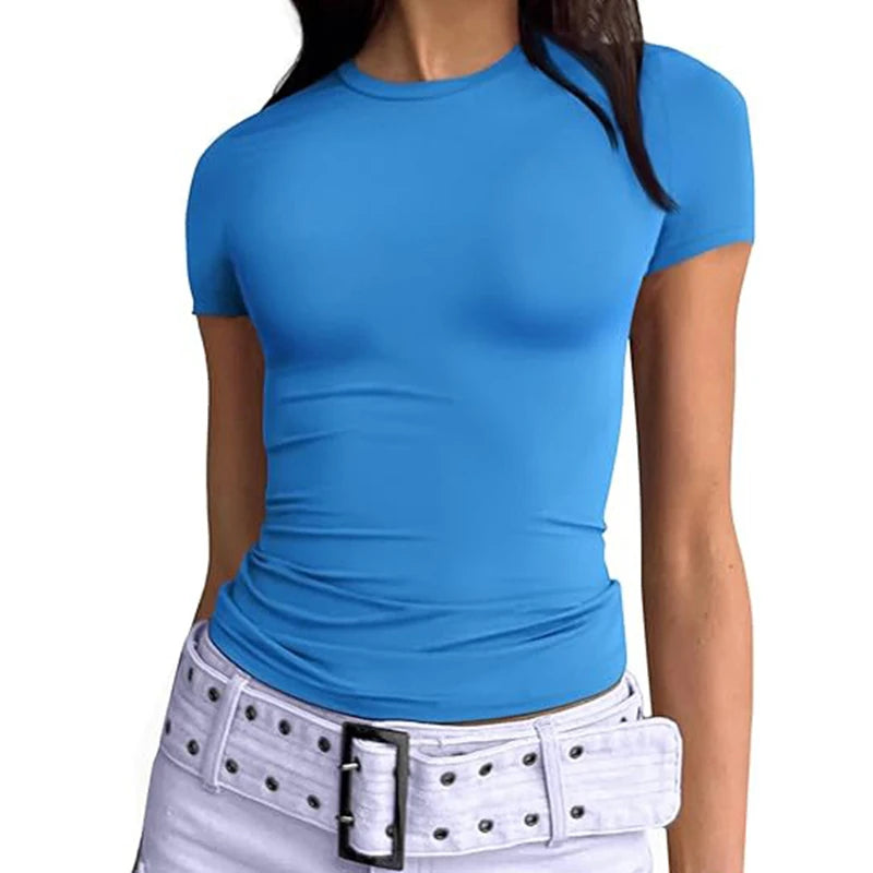 1pcs Women's Sport T-shirt Girl Solid Basic Fitness Running Yoga Tees Lady Short Sleeve Slim Sexy Round Neck Casual Shirts Tops