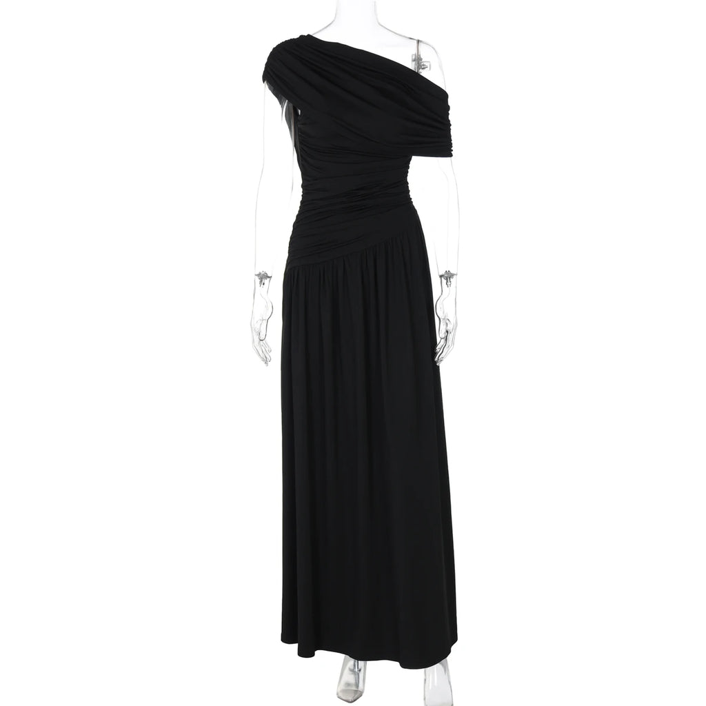 Hugcitar One Shoulder Ruched Sleeveless Solid Pleated Sexy Irregular Y2K Maxi Dress Summer Elegant Party Women Clothes Vacation