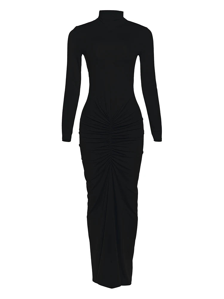 Sisterlinda Autumn New Style Long Dress Woman Turtleneck Full Sleeve Skinny High Stretch Daily Casual Fashion Elegant Vestidos