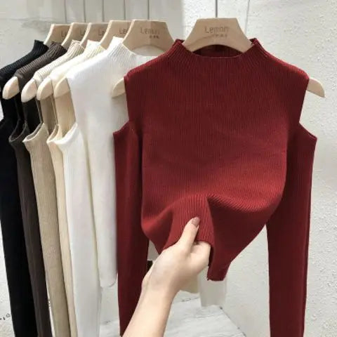 Knitted Sweater Women Pullovers New Long Sleeve Stand Collar Off-shoulder Knit Sweater Pullover Women Tops Sueters De Mujer Q781