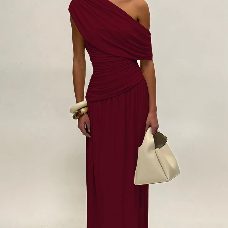 Hugcitar One Shoulder Ruched Sleeveless Solid Pleated Sexy Irregular Y2K Maxi Dress Summer Elegant Party Women Clothes Vacation