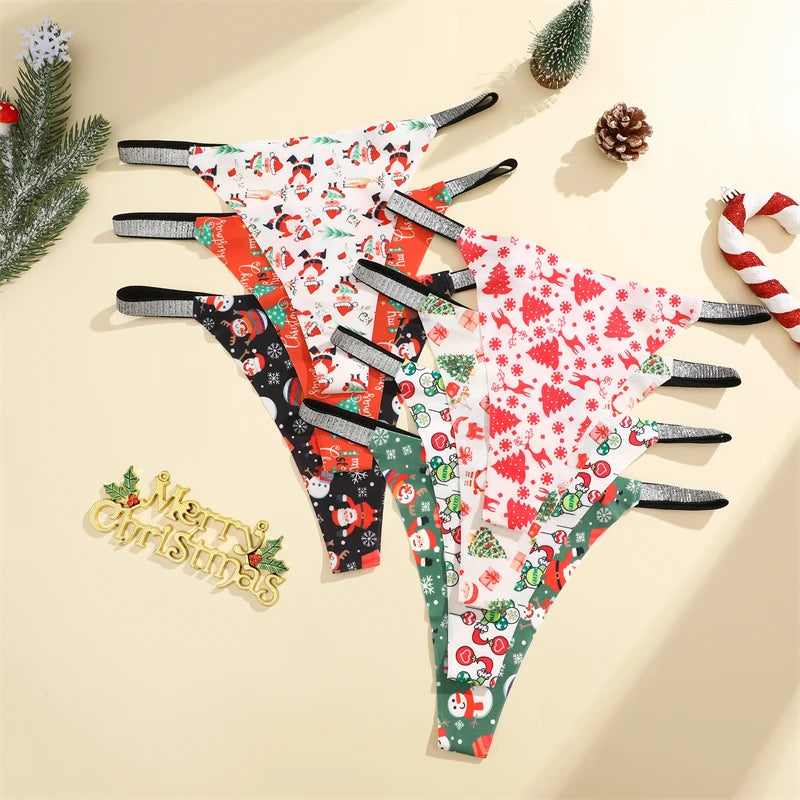 5PCS/Lot Seamless Ice Silk Thongs Women's Christmas Theme Underwear Sexy Rhinestone Waist Panties Santa Claus Printed Lingerie