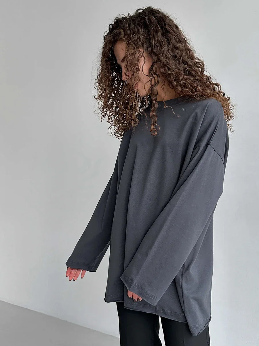 Blubelle Women Autumn 100% Cotton T-shirt Bottoming Spring Basic Fashionable Solid Lady Long Sleeve Loose Tops Shirts