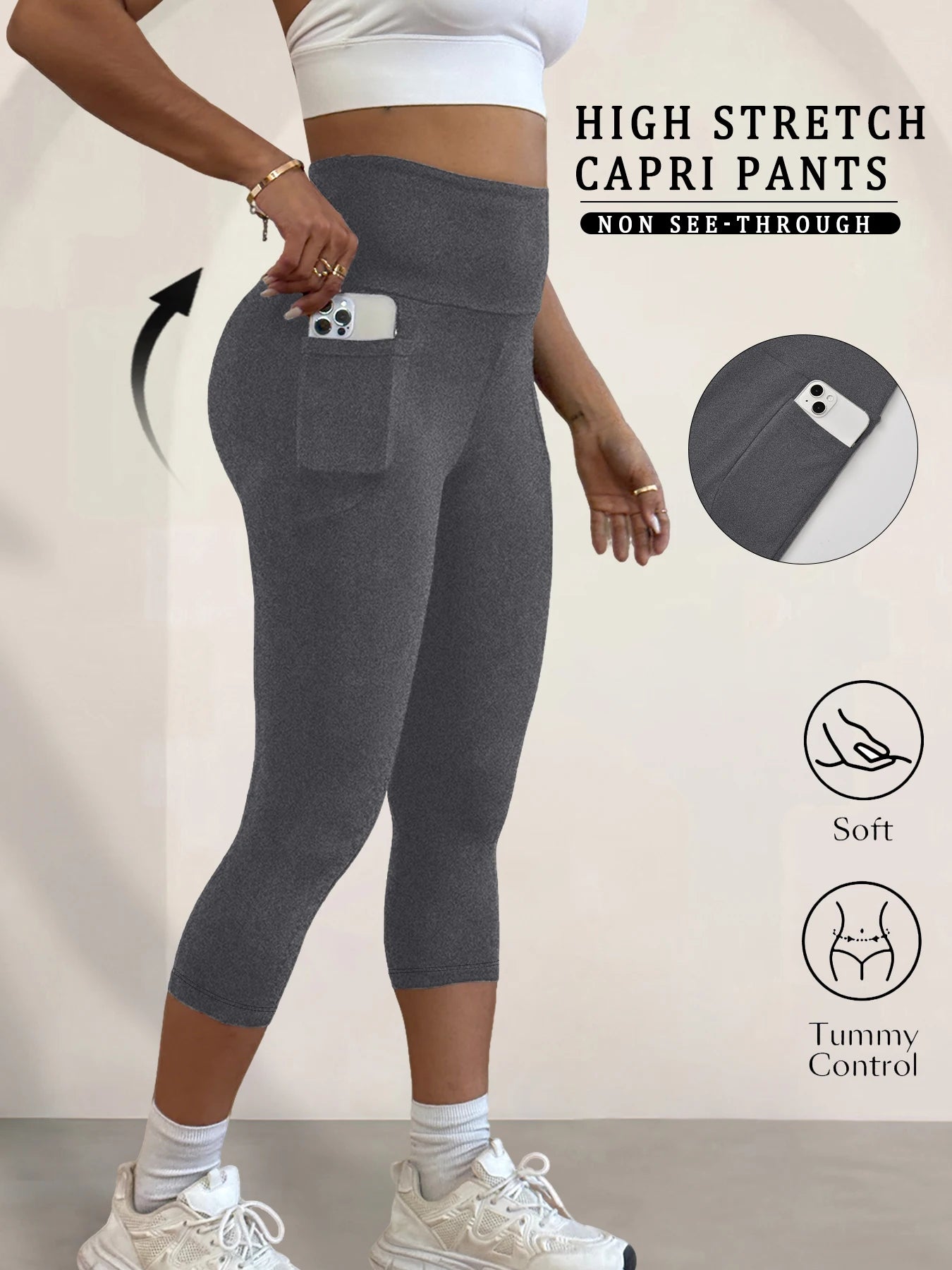 Super Soft Pants for Women High Waisted Capri with Pockets Tummy Control No See Through Running