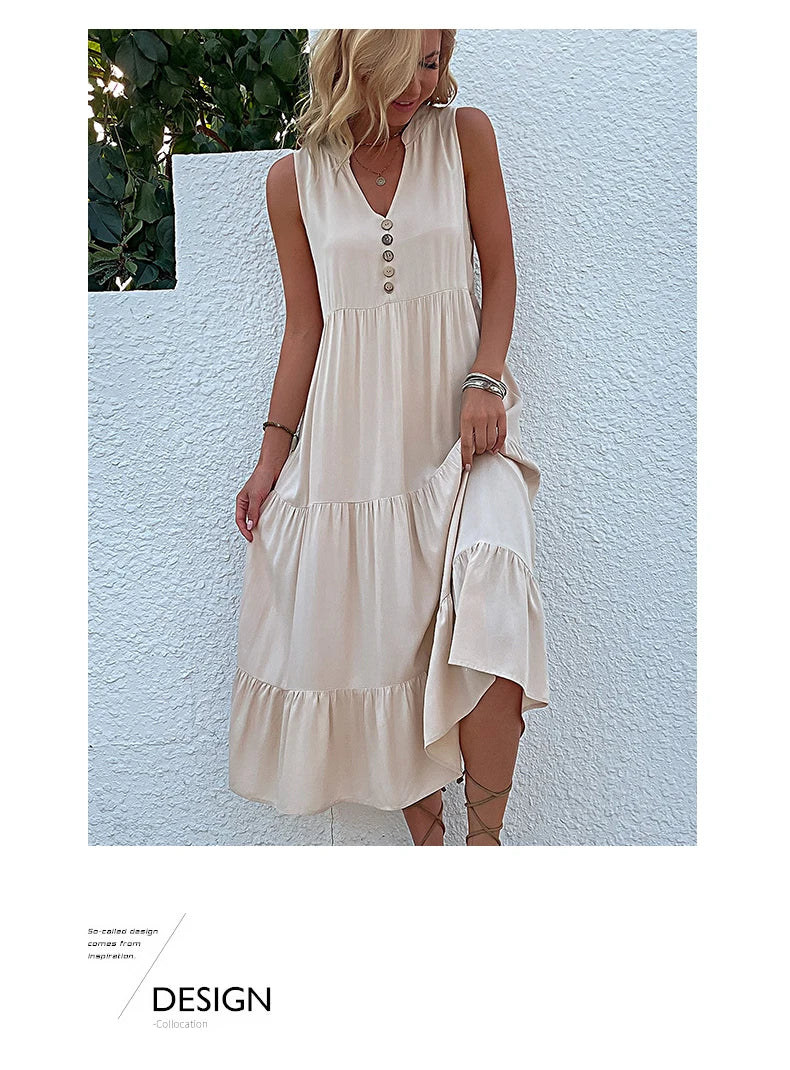 Casual Summer Midi Dress Women Sleeveless Tank V Neck Buttons Ruffle Loose Dresses Beach Soild Sundress Fashion