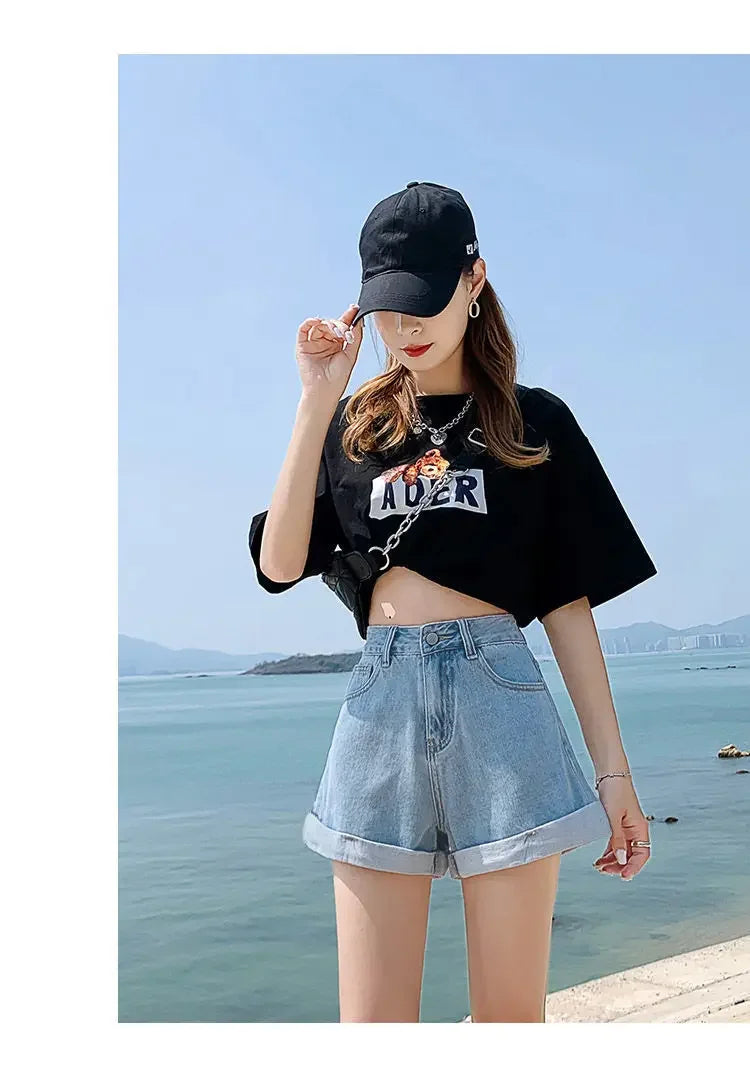 2026 Summer Women Denim Shorts High Waist Blue Cotton Wide-leg Short Pants Girl's Student Mini Korean Fashion Womens Jean Shorts