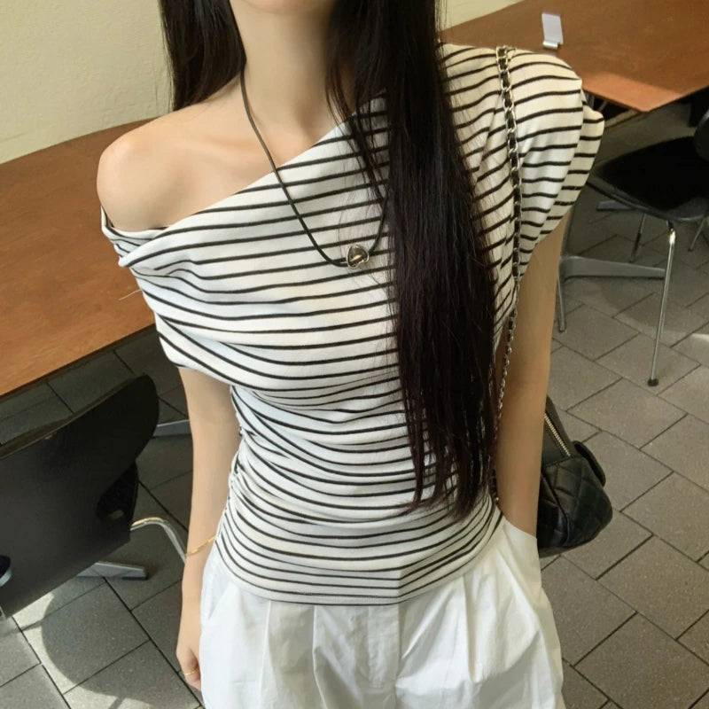 Casual Slim Striped T-shirts For Women 2026 Summer Y2K Women's T-shirt Short Sleeve Blouses Tees Fashion Female Tops