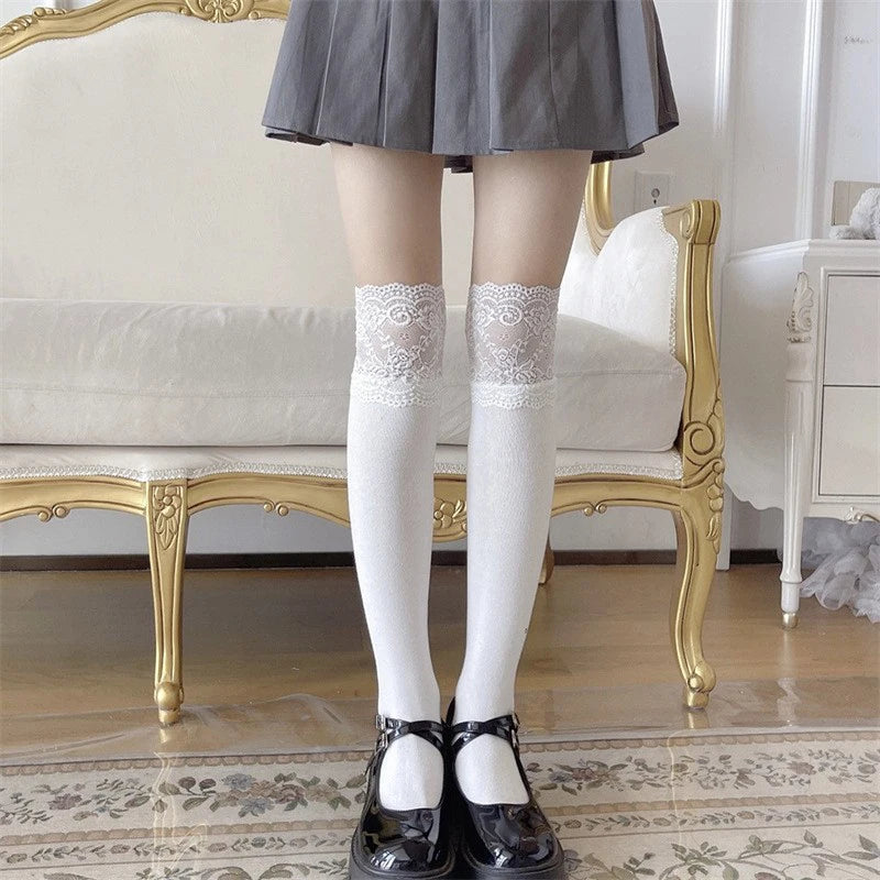 Fashionable Sexy Lace Patchwork Casual Winter Warm Solid Color Elastic Japanese Jk Socks