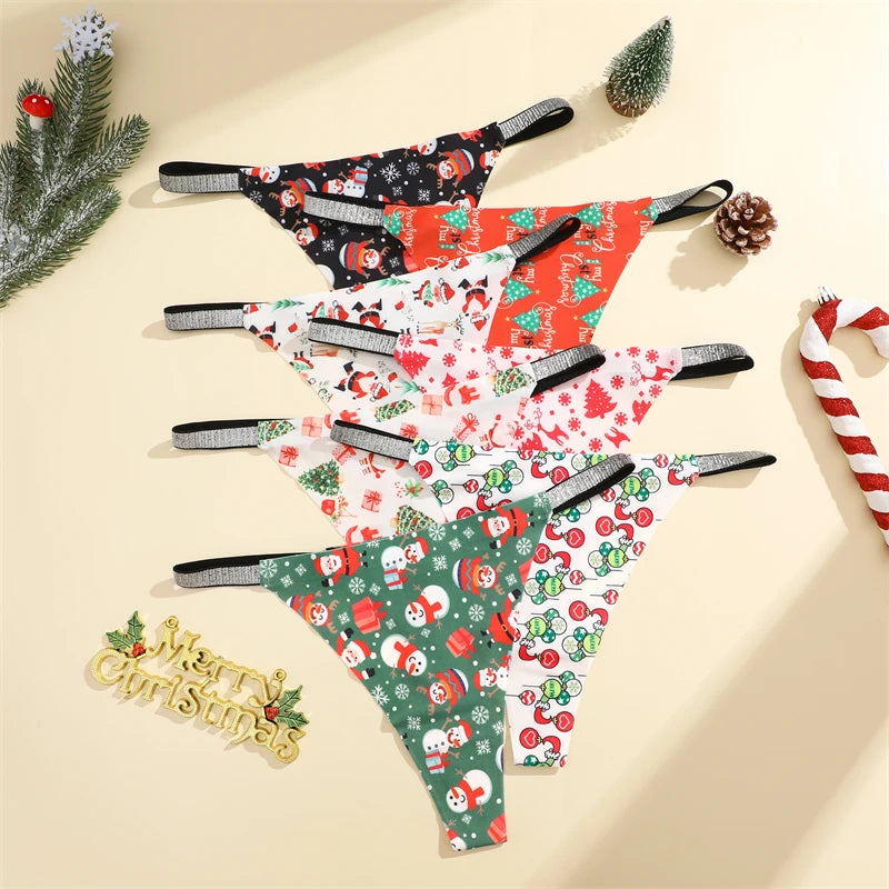 5PCS/Lot Seamless Ice Silk Thongs Women's Christmas Theme Underwear Sexy Rhinestone Waist Panties Santa Claus Printed Lingerie