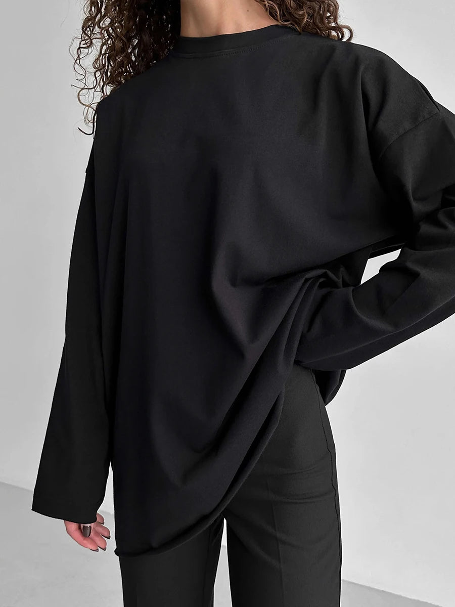 Blubelle Women Autumn 100% Cotton T-shirt Bottoming Spring Basic Fashionable Solid Lady Long Sleeve Loose Tops Shirts