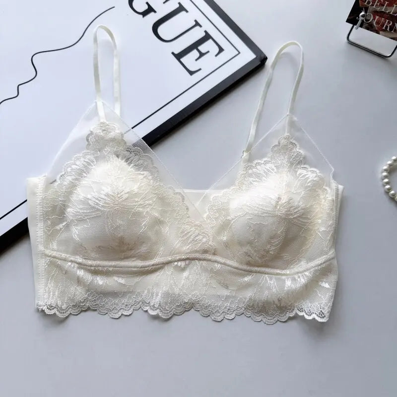 Sexy Lace Shell Cup Bra Deep V Backless Halter Side Buckle Soft Support Seamless Beauty Back Thin Women Underwear 32-38 S-XL