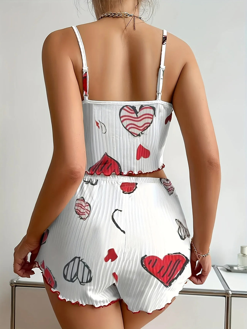 Women Heart Print Pajama Set Ribbed Cami Top and Shorts Sleepwear Lightweight Breathable Loungewear Homewear 2PCS