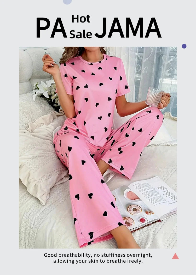 Women Summer Sleepwear Heart Print Pajama Set Short Sleeve Top and Elastic Waistband Pants for Comfortable Sleep and Lounging