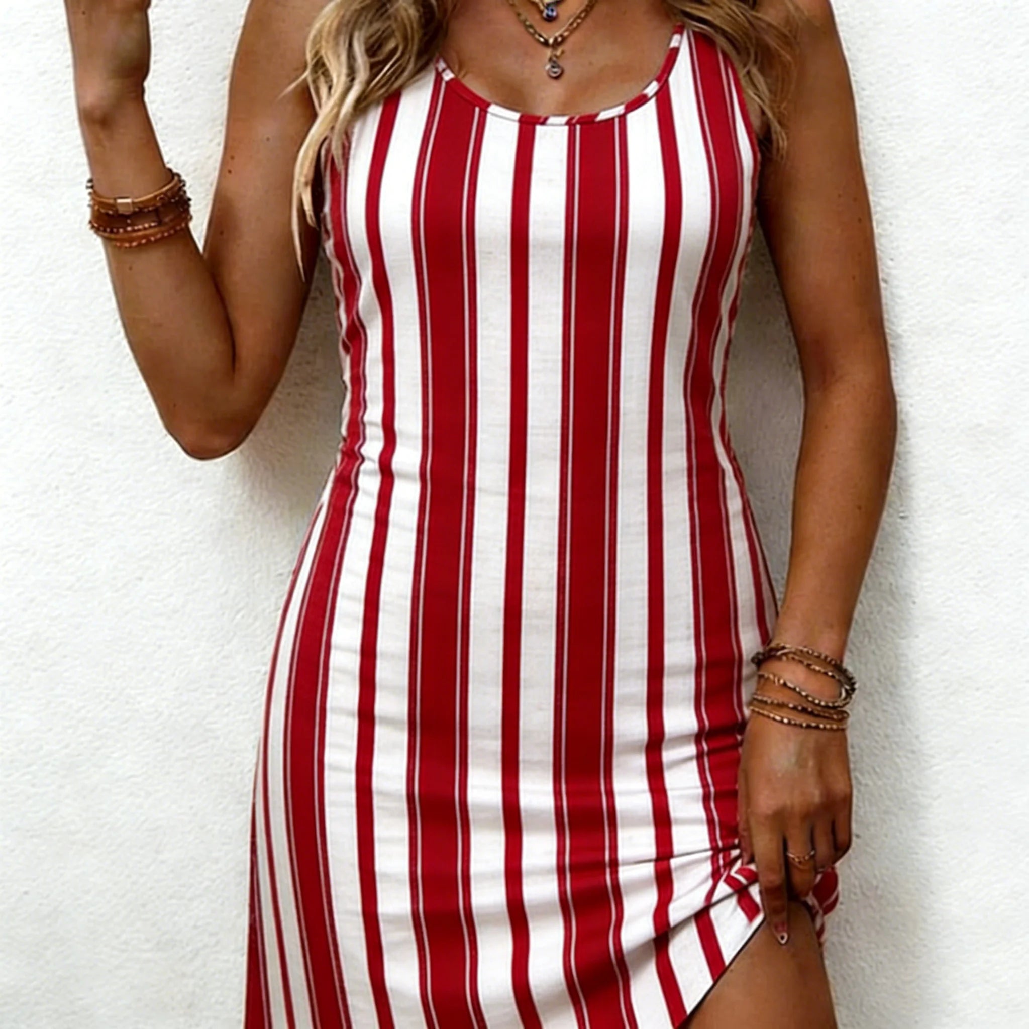 Fashion Pink Black Stripe Dress Women Sleeveless Sundress Vertical Graphic Summer Daily Casual Wear Trendy Female Clothing