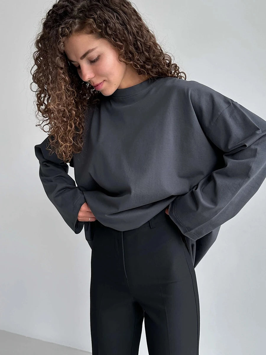 Blubelle Women Autumn 100% Cotton T-shirt Bottoming Spring Basic Fashionable Solid Lady Long Sleeve Loose Tops Shirts