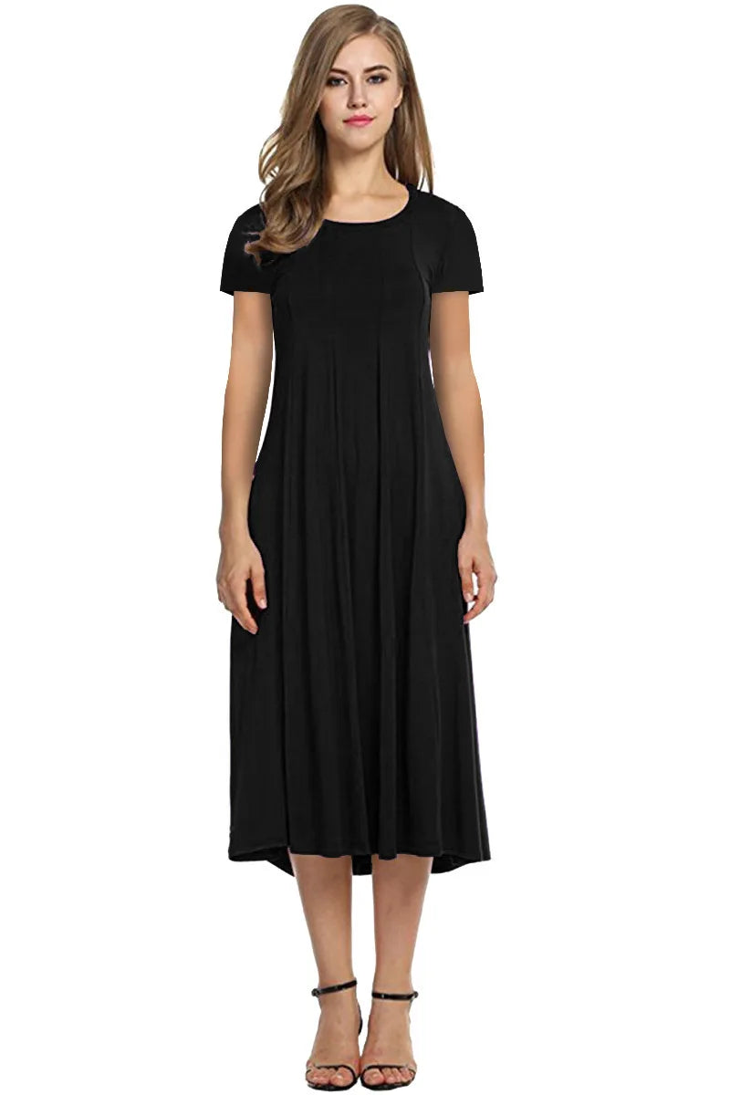2024 Summer Women's Top Selling Round Neck Short Sleeve Solid Color Flare Dress
