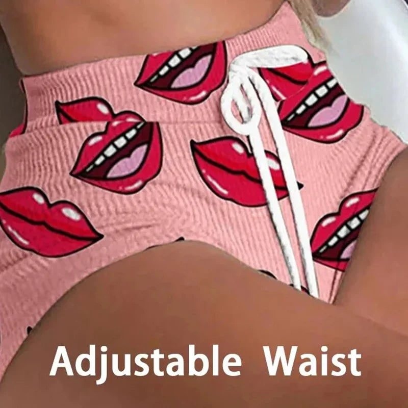 Summer Women's Nightgown Short Sexy Casual Lips Print Female Sleepwear Suit Pajamas Top+Pants Skinng Women Homewear Underwear
