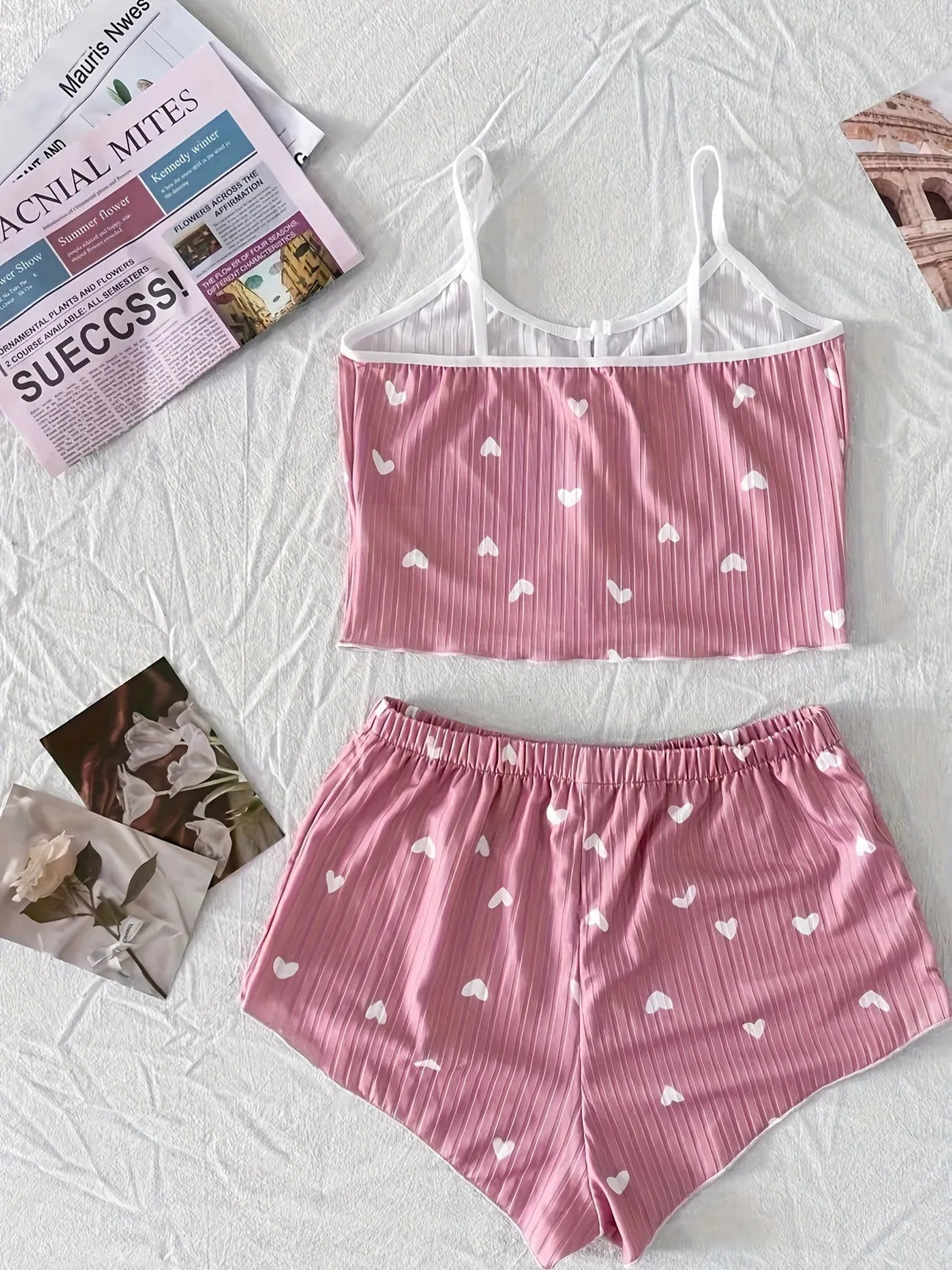 Women Heart Print Ribbed Pajama Set Bow Decor Crop Cami Top and Elastic Shorts Summer Sleepwear Lounge Set