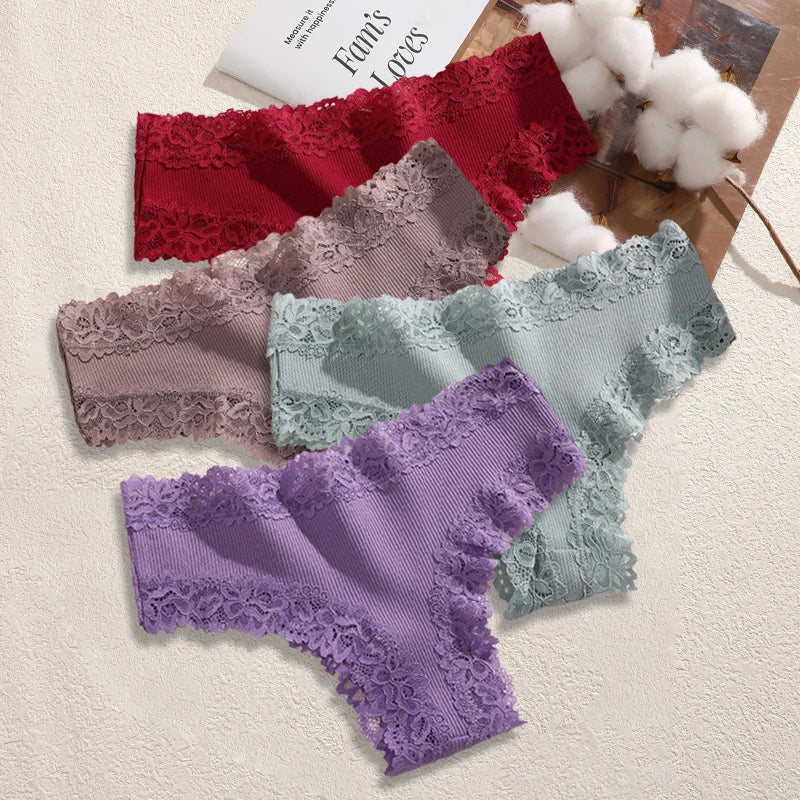 4PCS/Set Cotton Floral Lace Underpants for Women Sexy Striped Low-Waist Panties Girls Comfortable Briefs Trendy T-back Lingerie