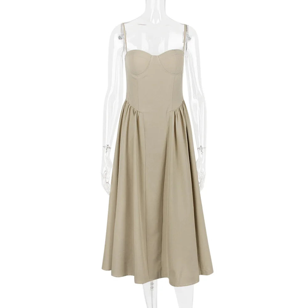 Summer Women Elegant Sleeveless Backless Pleated Dresses Lady Sexy Solid Sling Midi Dress 2024 Female Party Evening A-line Robes