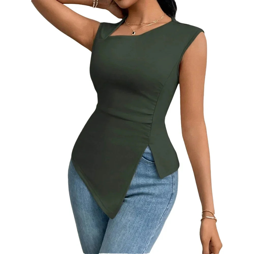 Women's T-shirt Spring Summer Dark Green One Shoulder Cutout Asymmetrical Hem Valentine's Day Sexy Casual Top