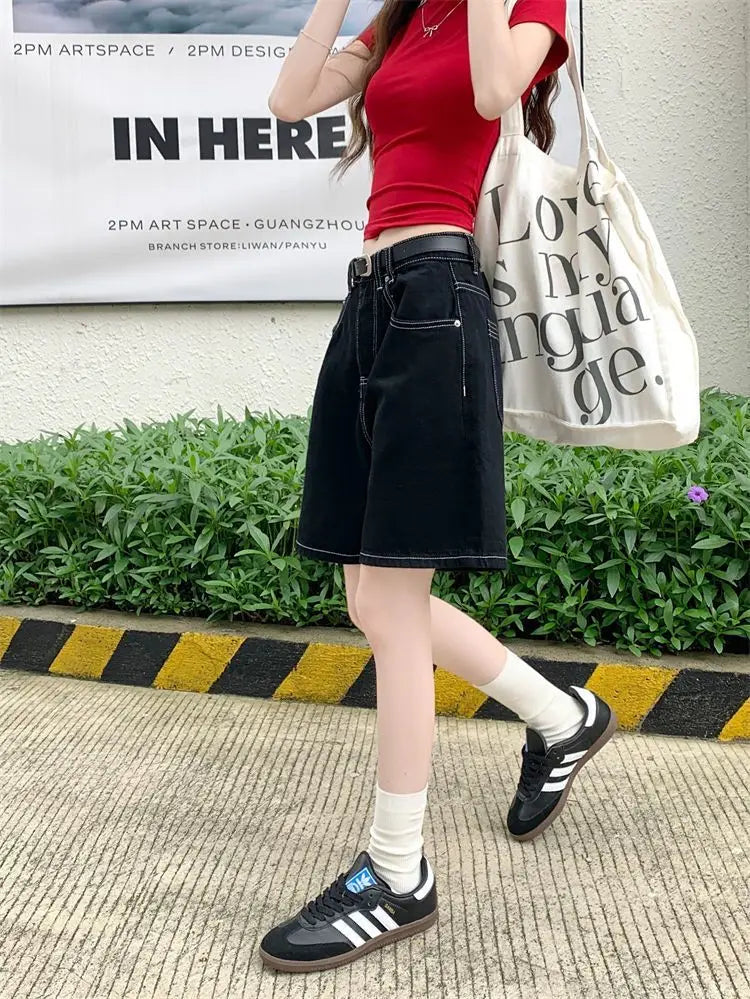 High-Waisted Straight-Leg Jeans Shorts for Women Summer New Style Slimming Black Five-Point Loose Wide-Leg Mid-Length Y2K Shorts