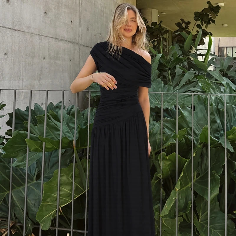 Hugcitar One Shoulder Ruched Sleeveless Solid Pleated Sexy Irregular Y2K Maxi Dress Summer Elegant Party Women Clothes Vacation