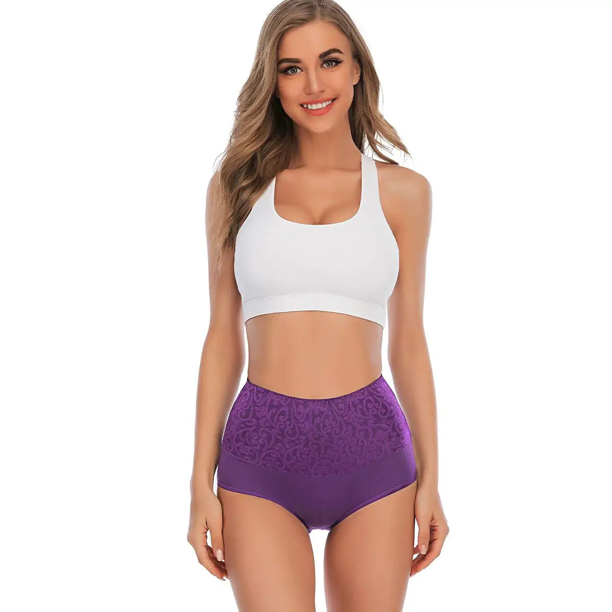 2PCS Plus Size Women's Cotton Underwear High Waisted Tummy Control Panties Full Coverage Briefs Jacquard Ladies Panty