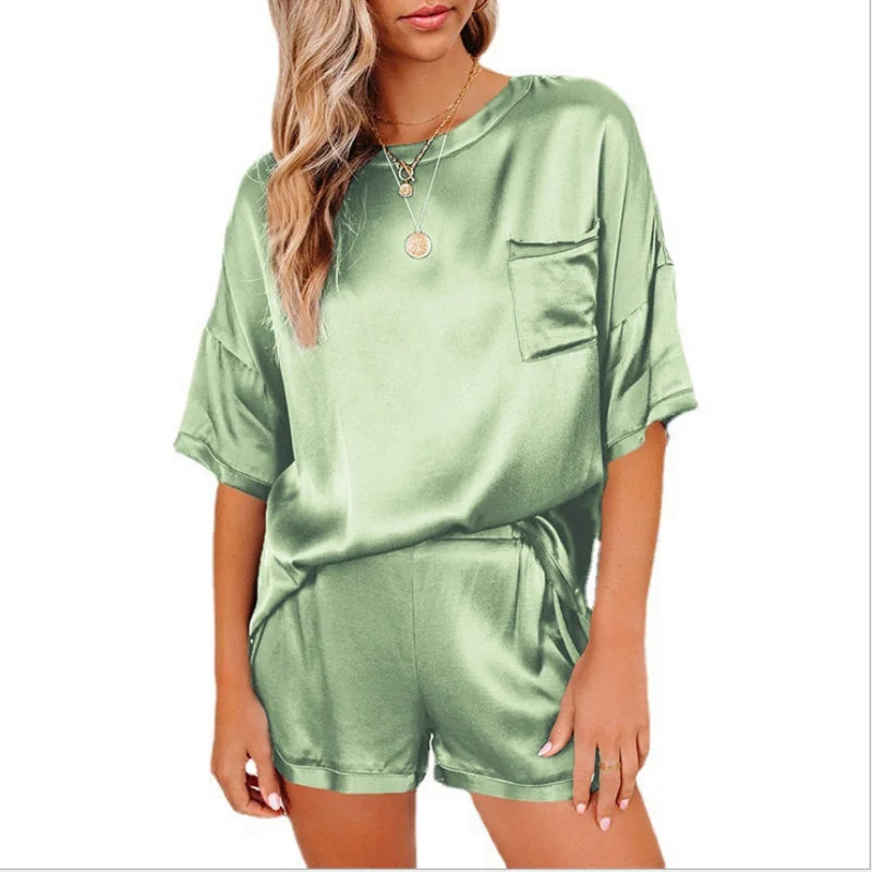 2024 European and American Spring New Solid Color Silk Like Pajamas Home Furnishing Short Sleeve Shorts Irregular Two Piece Set
