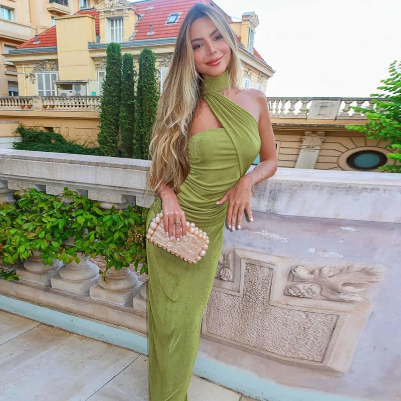 Hugcitar Halter Solid Sleeveless Backless Ruched Sexy Bodycon Maxi Prom Dress Summer Women Elegant Outfit Evening Party Birthday